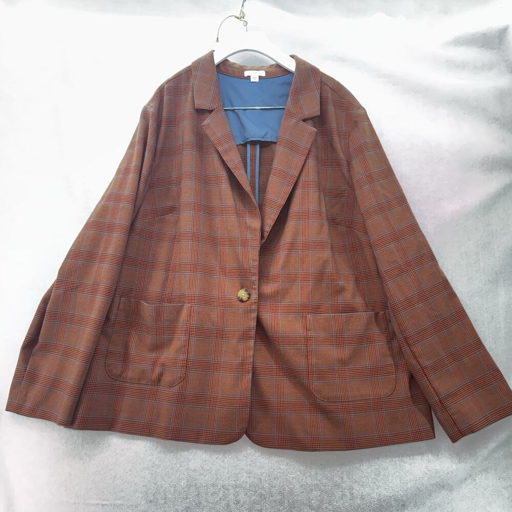 EUC J Jill Women's Glen Plaid Single Button Blazer Rust Orange Blue Plus Size 2X